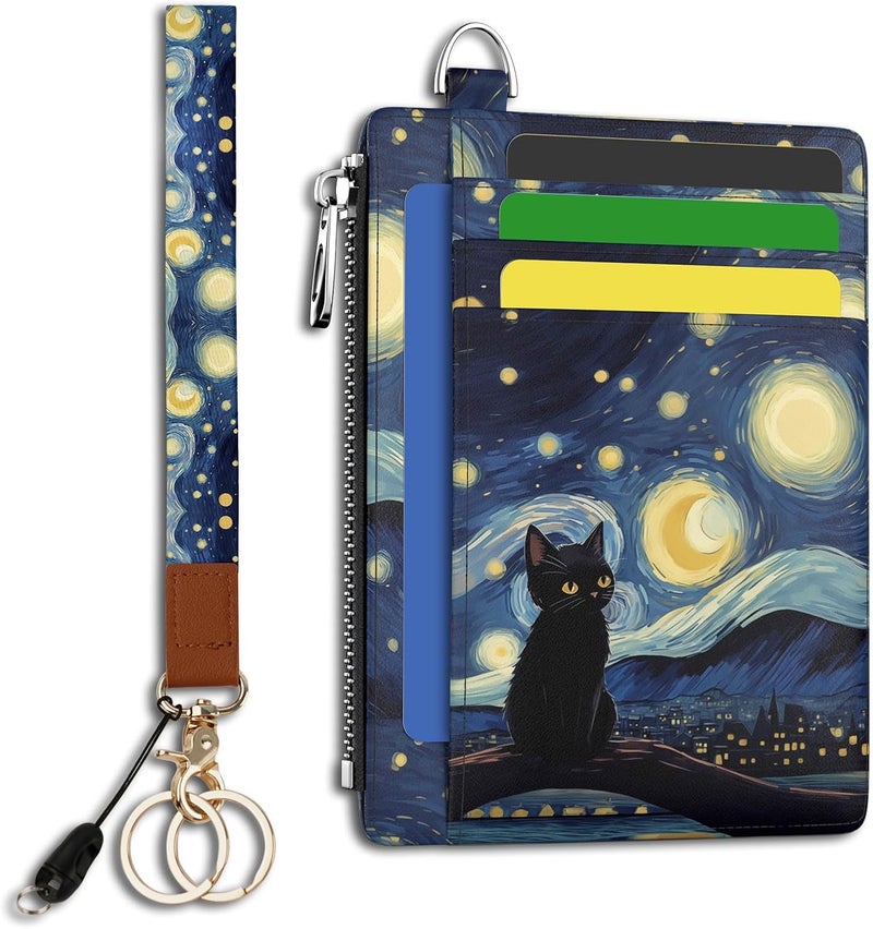 Hancynir Black Cat Slim Wallet Women Credit Card Holder, RFID Blocking Front Pocket Wallet Wristlet Keychain Lanyard, Small Cute Mini Card Case, Thin Travel Zipper Coin PU Leather Ladies Female Gifts - Image 1
